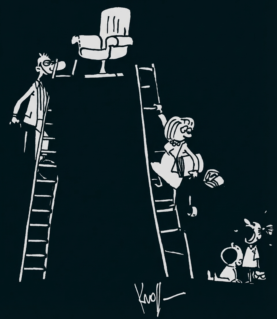 Cartoon: zwei Leitern zu einem hohen Podest mit Bürostuhl, Mann auf einer Leiter, Frau klettert mit Akten, Kinder unten